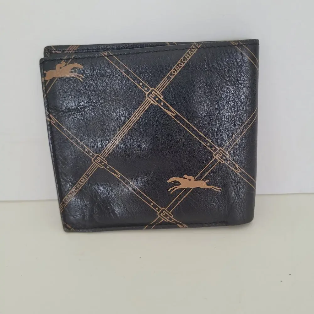 Longchamp Mens Wallet Brown‎ Bifold Leather Folding Medium Logo Vintage Designer